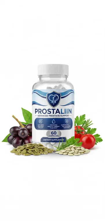 Prostaliss prostate support capsule bottle with saw palmetto berries, pumpkin seeds, tomato and nettle leaves