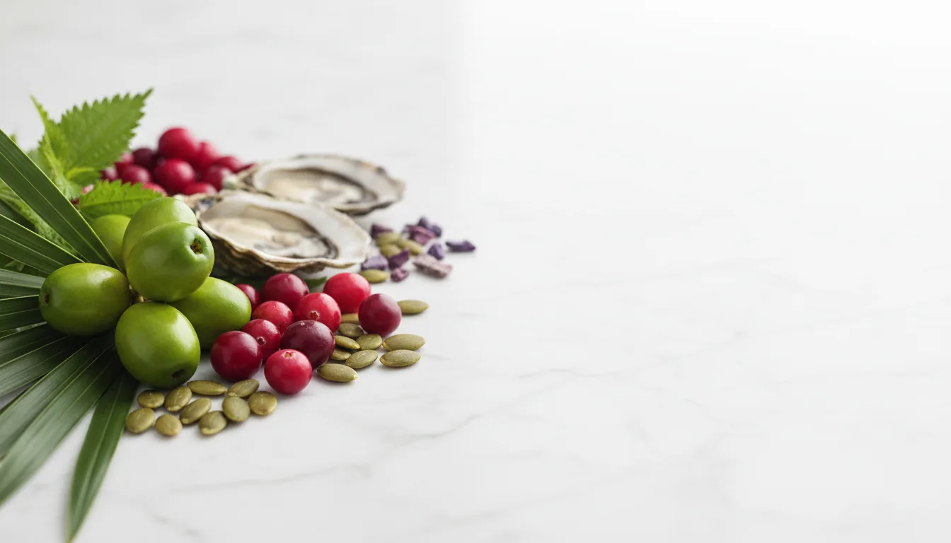 Prostate-support ingredients beside Prostaliss: saw palmetto berries, pumpkin seeds, nettle leaves and cranberries
